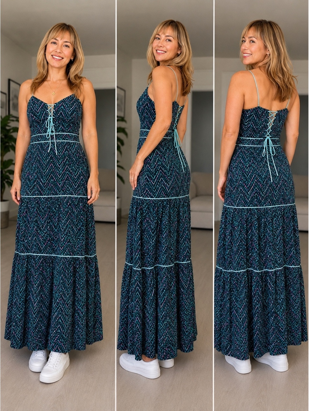 Never A Wallflower Women’s Maxi Dress S Navy Multicolor 100% Cotton NWT